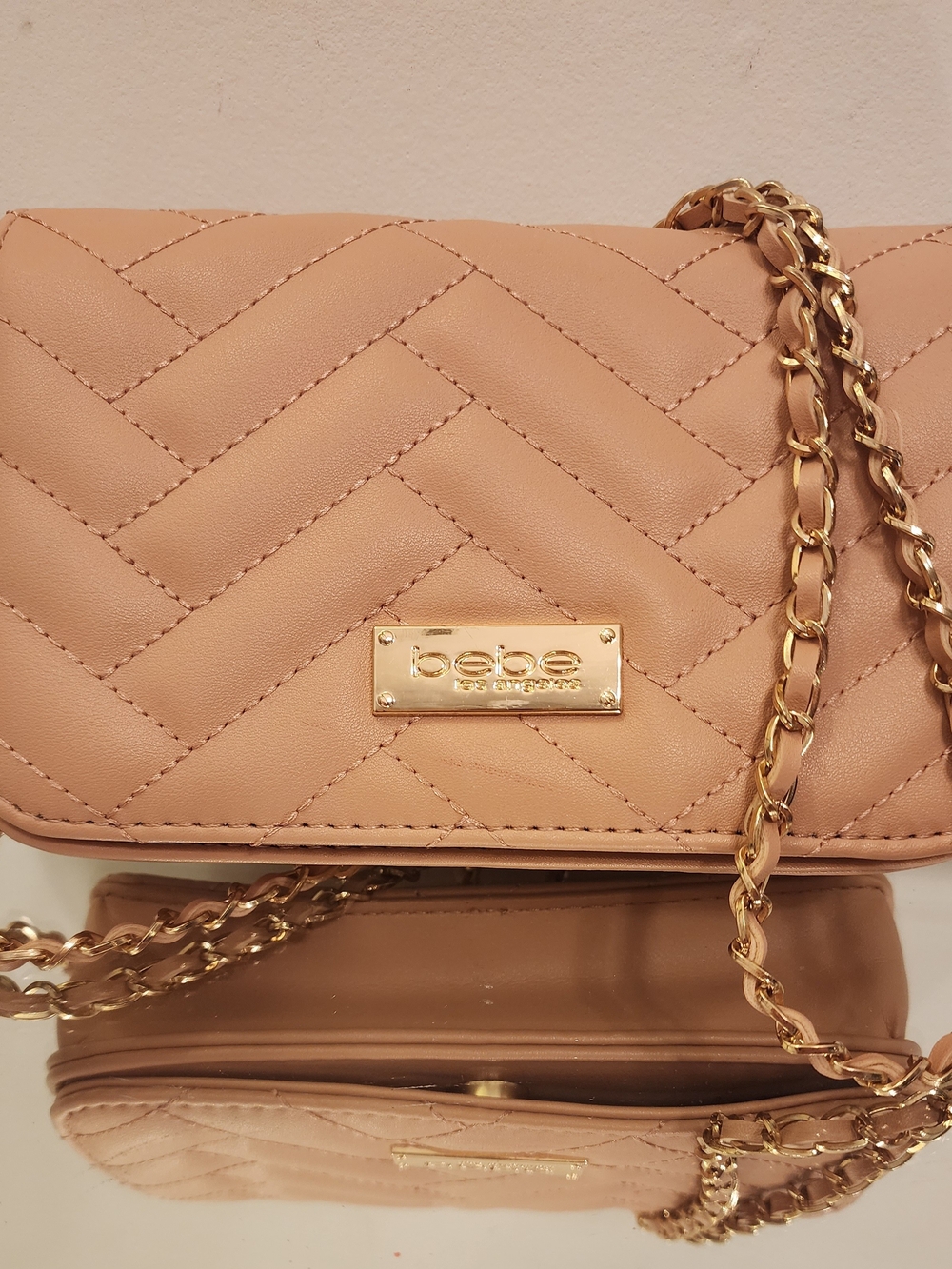 bebe Quilted Crossbody Bag in Blush with Gold Chain